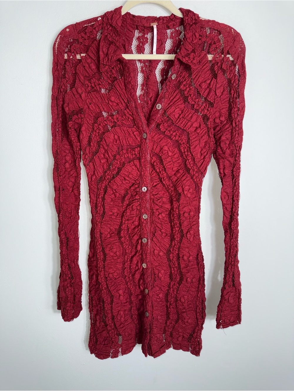 Free People Bodycon Long Sleeve Lace Dress-Dark Red Burgundy-Slip-Size XS